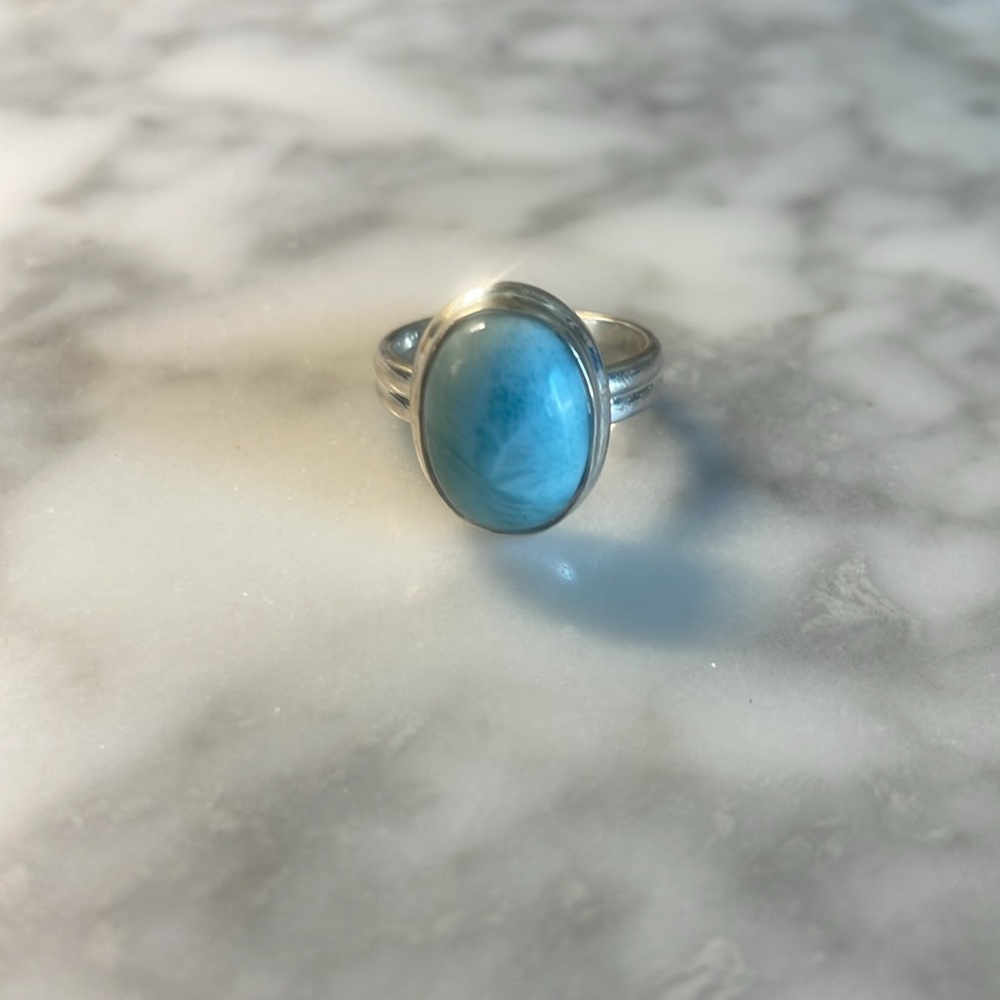 Large oval Larimar gemstone ring 925 sterling silver ring in size 6